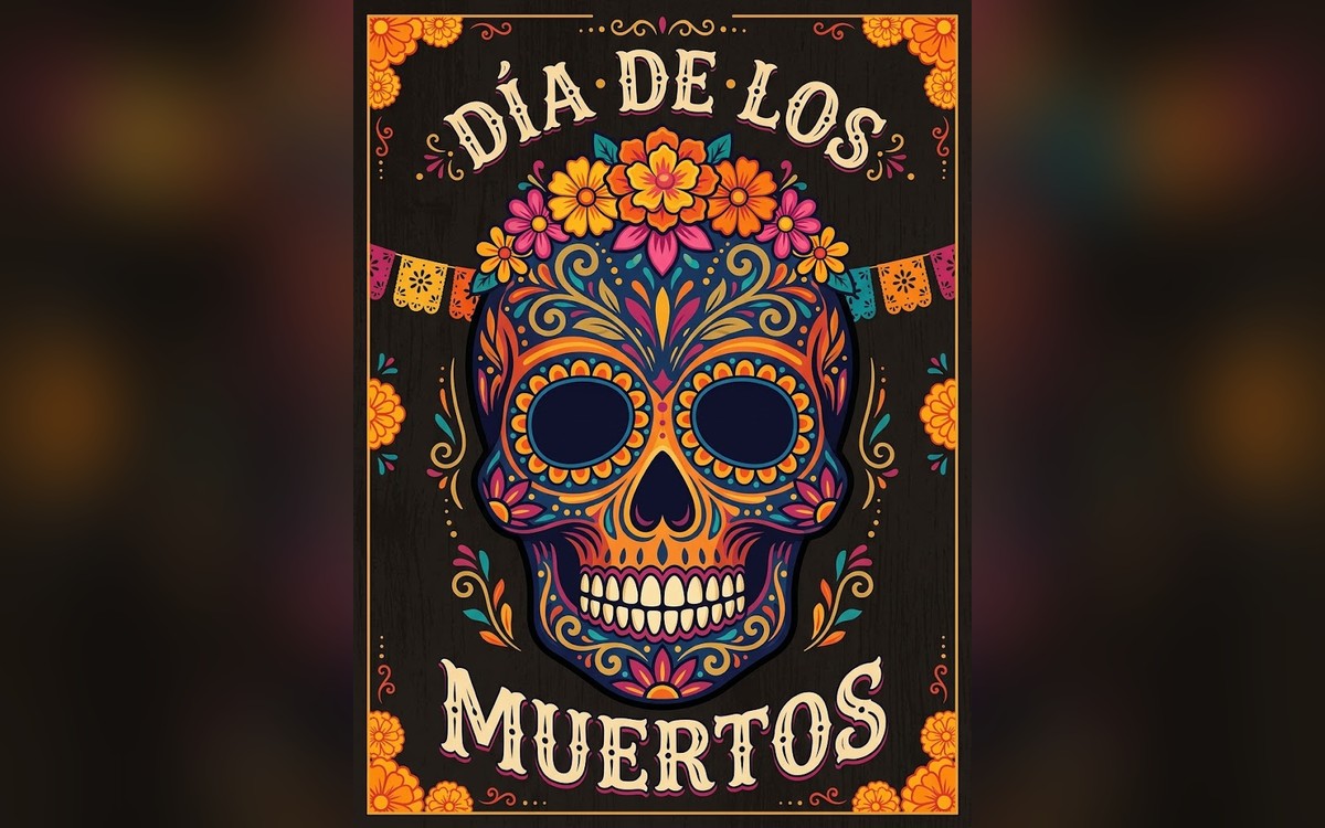 Day of the Dead illustration: a decorated sugar skull wearing a marigold crown, with papel picado flags and a marigold border on a dark wood background