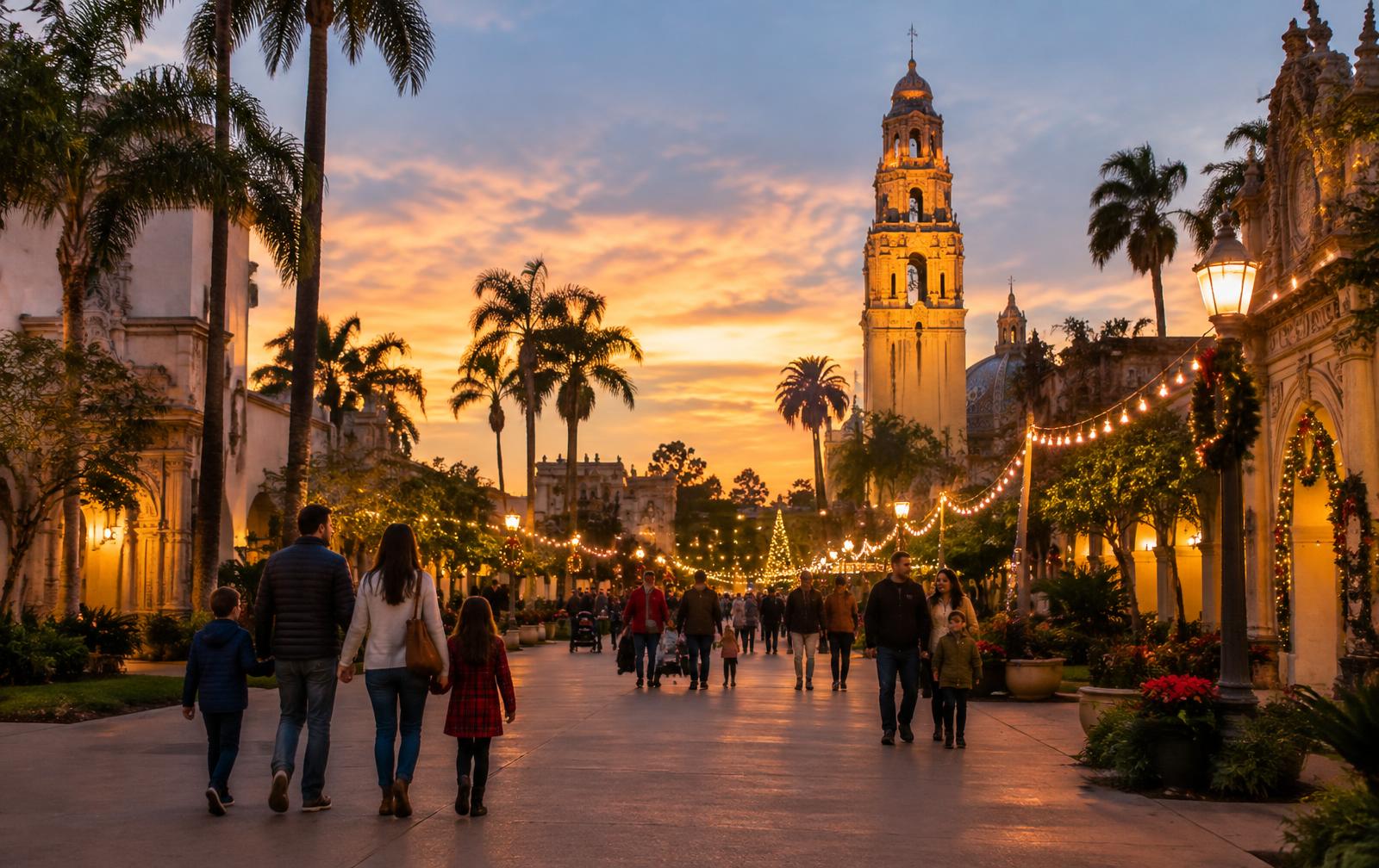 Families walking beneath holiday lights near the California Tower in Balboa Park