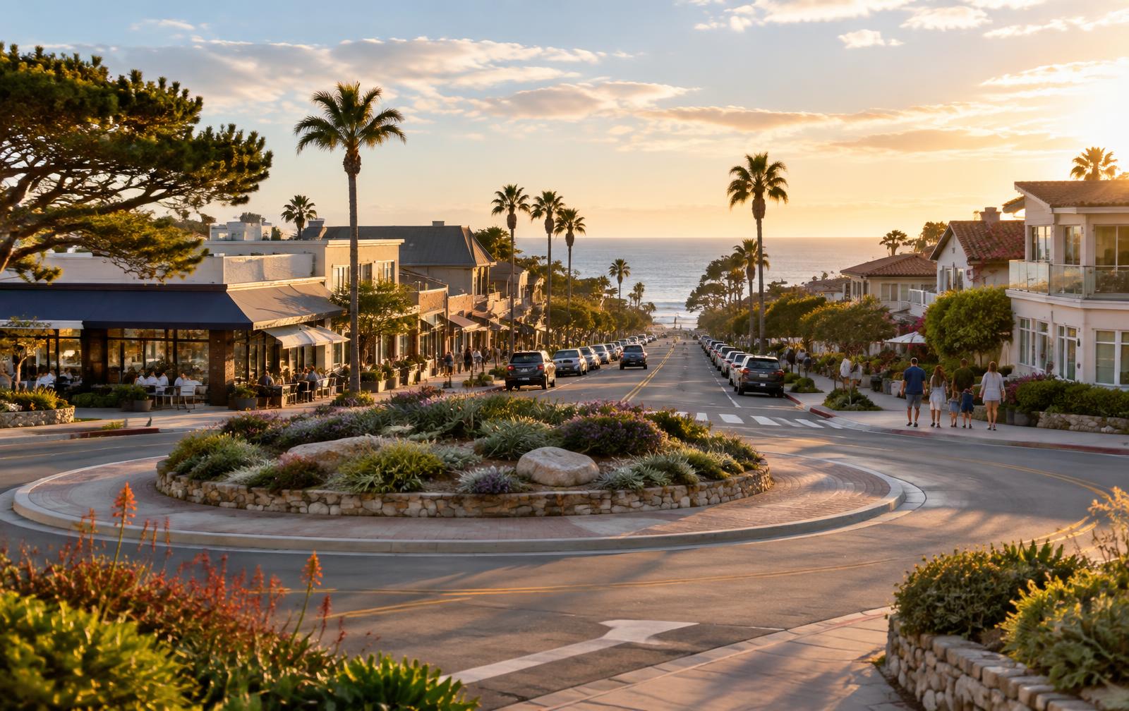 La Jolla Boulevard roundabout leading toward the ocean in Bird Rock