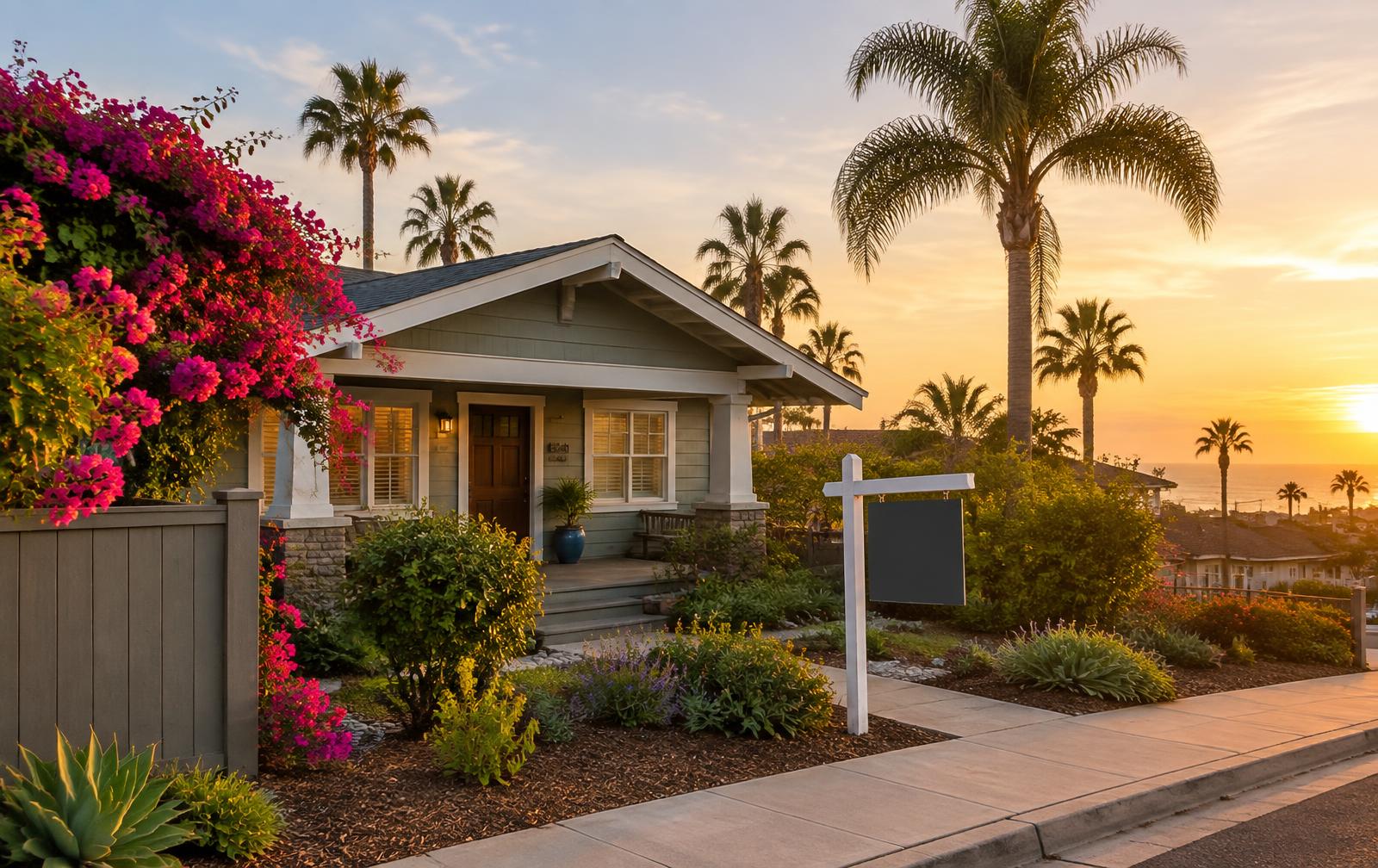 Coastal San Diego home with a real estate sign at sunset