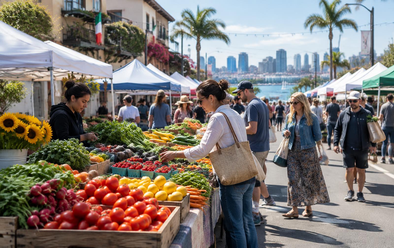 Shoppers choosing colorful produce at a San Diego farmers market