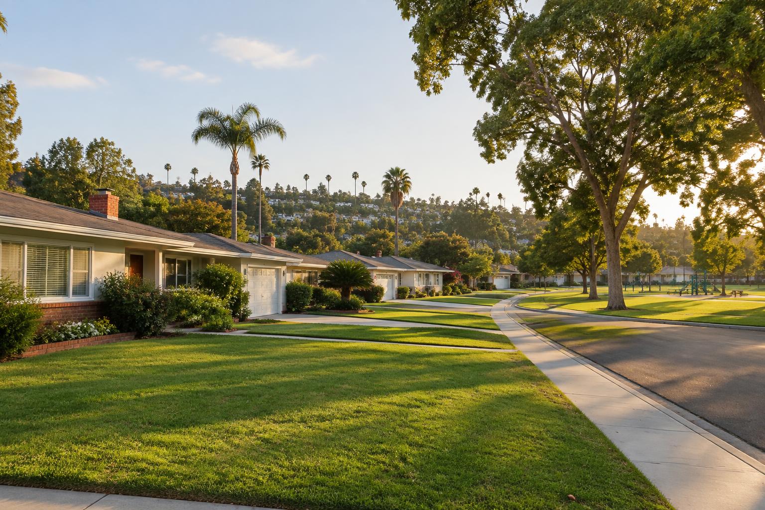 Postwar single-story homes and a park in Allied Gardens