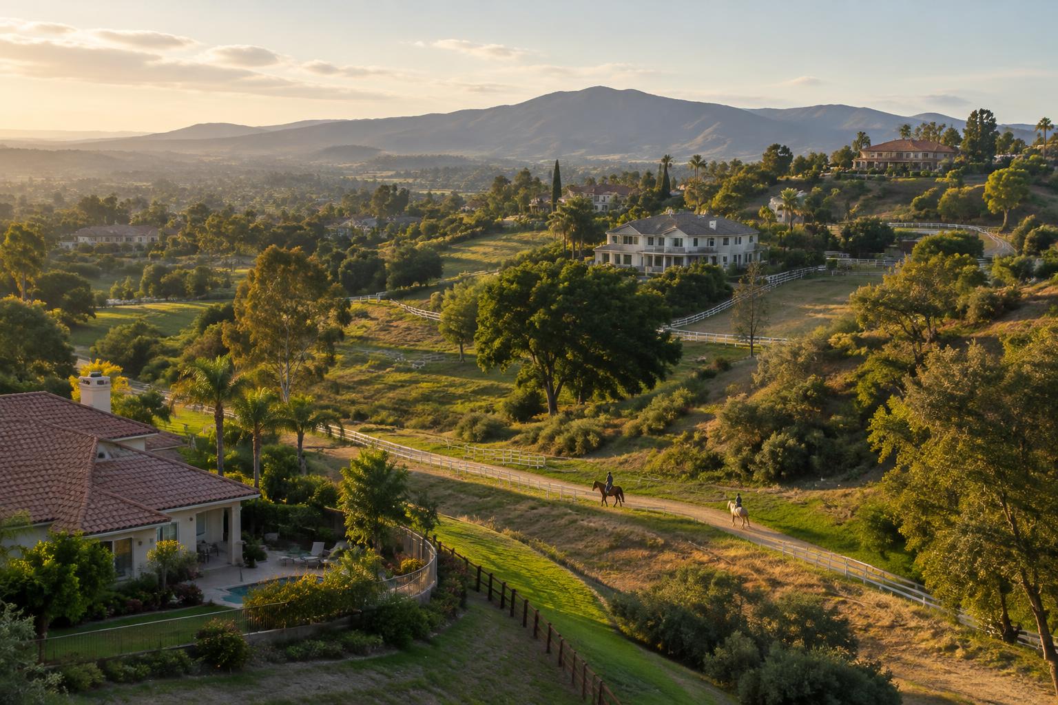 Bonita homes on large lots beside a green valley and horse trail