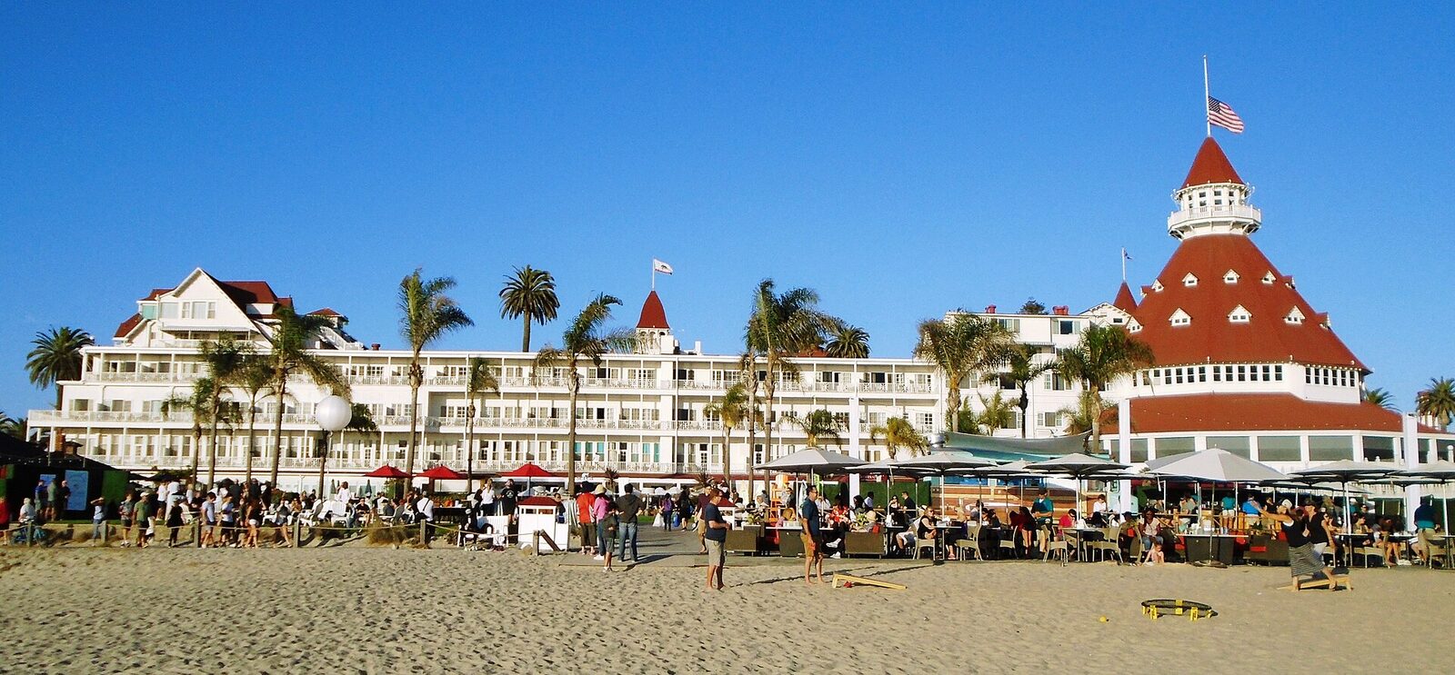 Coronado beach with the Hotel del Coronado rooflines behind it