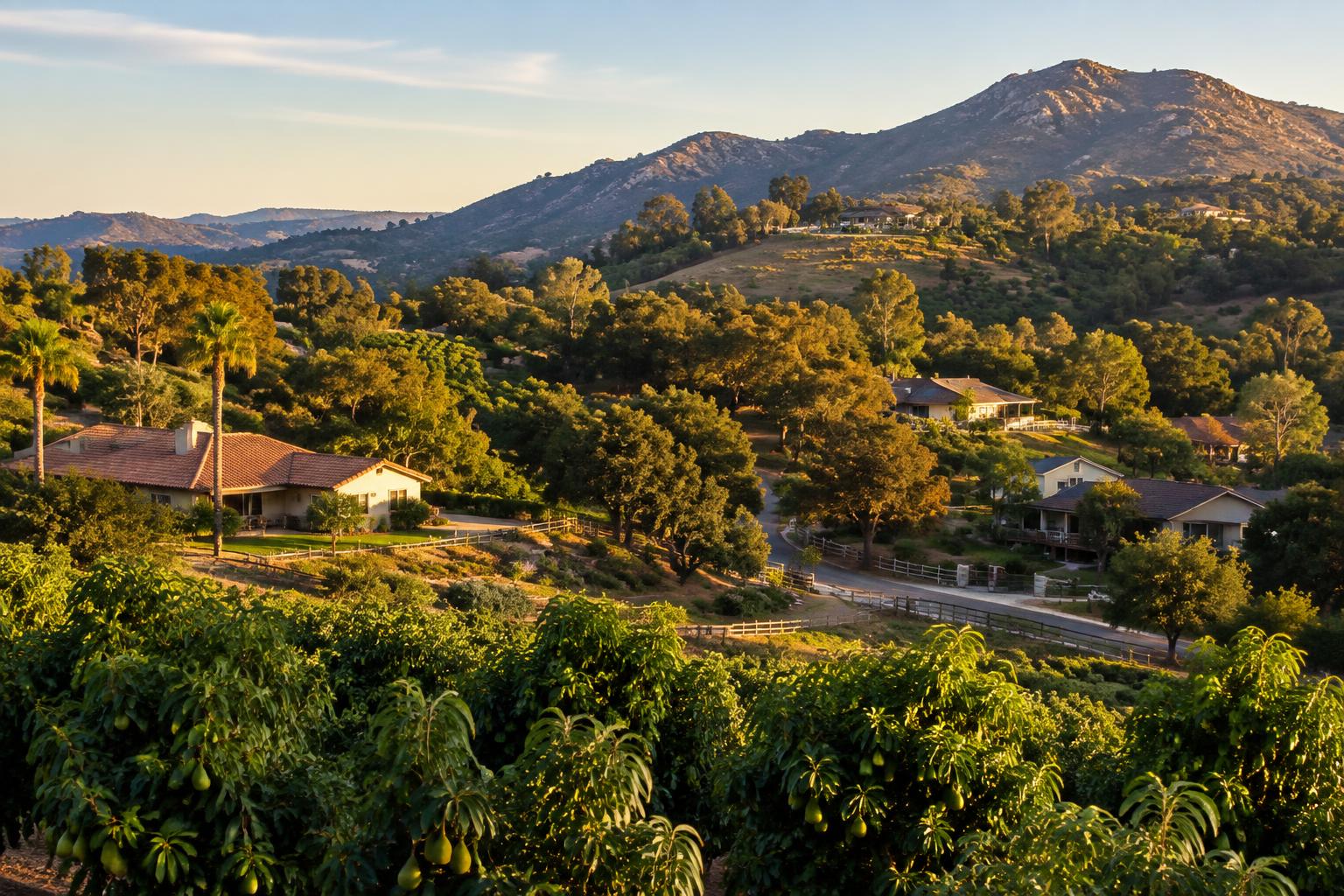 Fallbrook country homes among avocado groves and oak hills