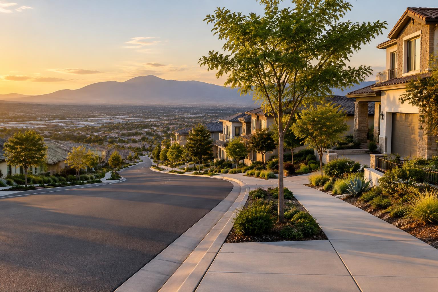 Newer Otay Ranch homes on a hillside street with mountain views