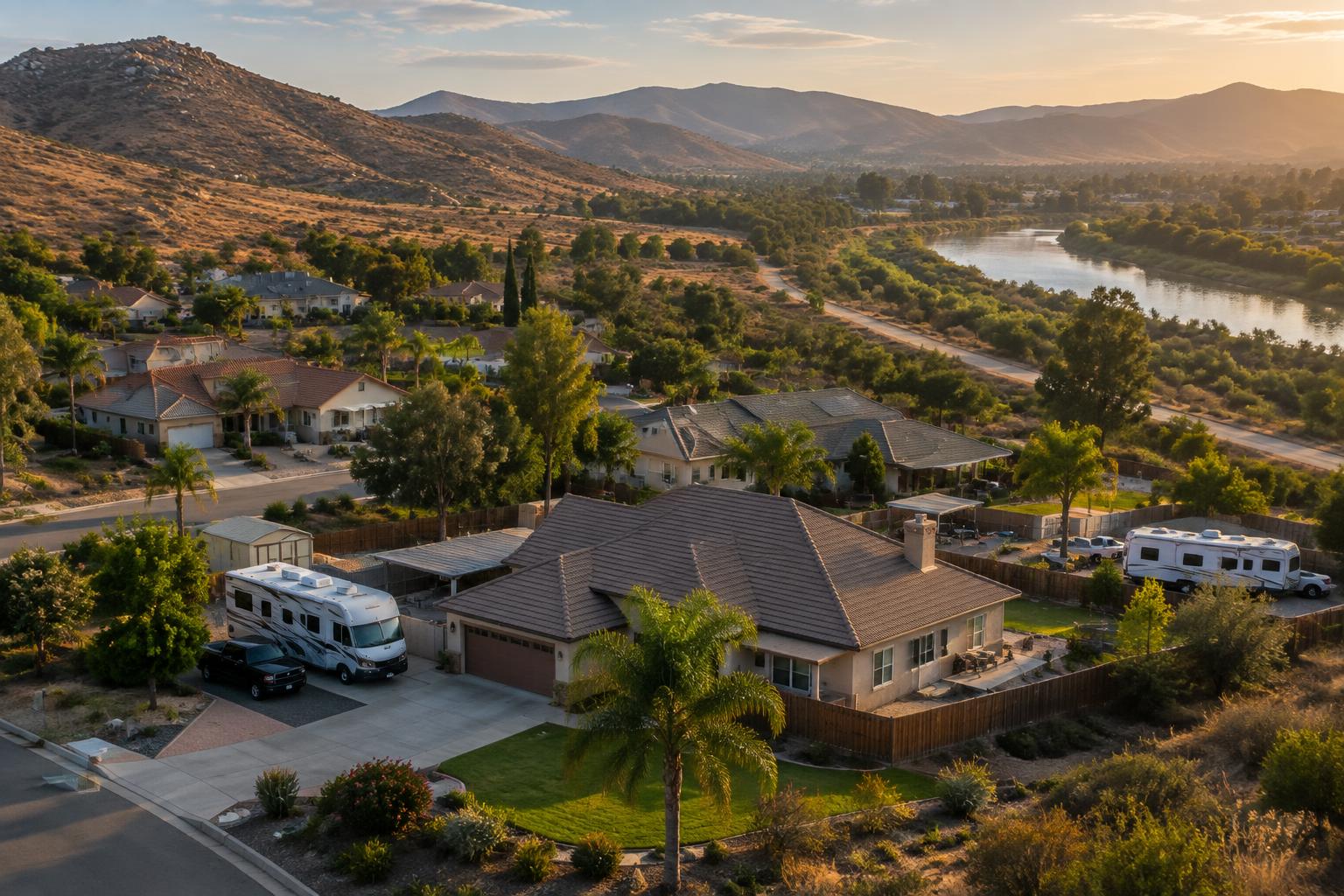 Santee suburban homes with the East County hills behind them