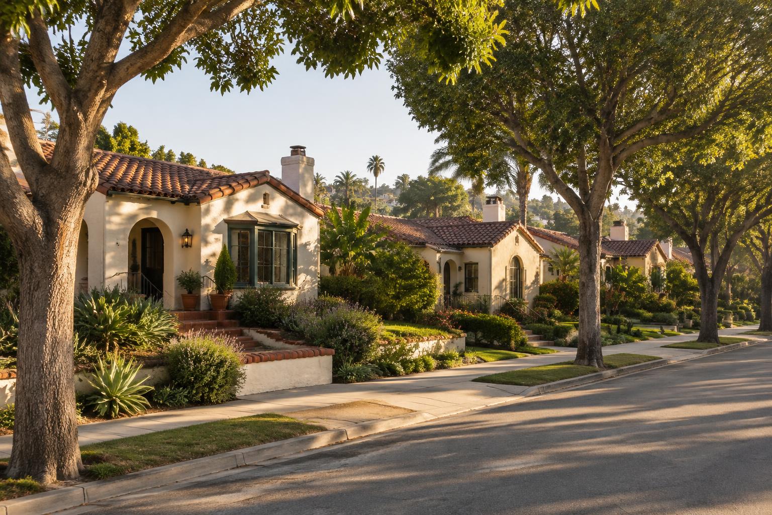 Spanish-style bungalows on a shaded Talmadge street