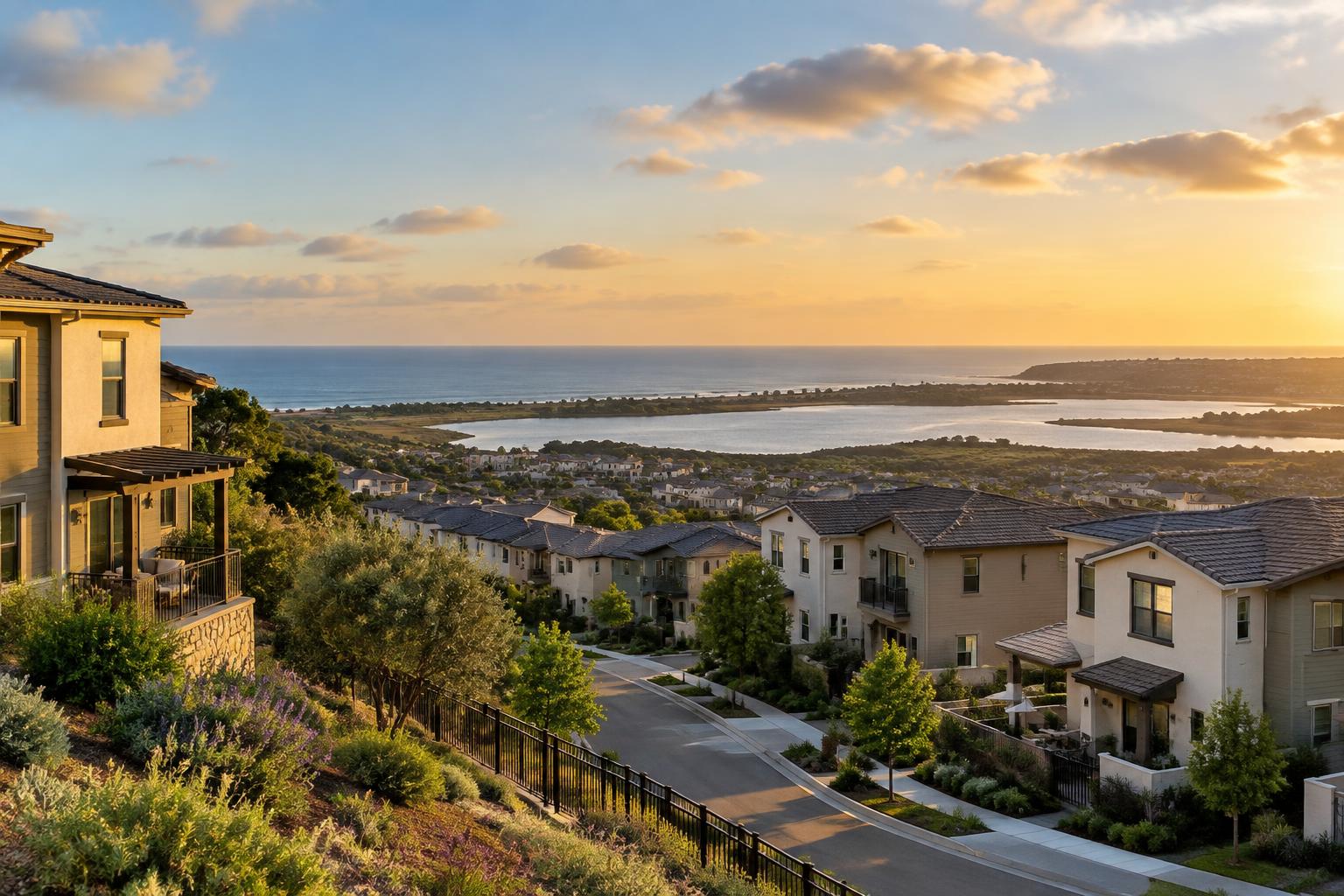Torrey Hills townhomes on a slope above the lagoon and coast
