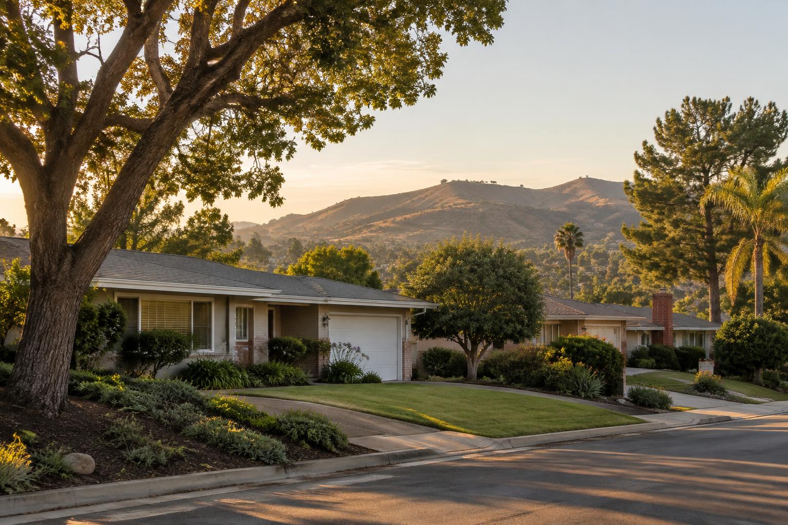 Single-story Vista homes with the inland hills behind them